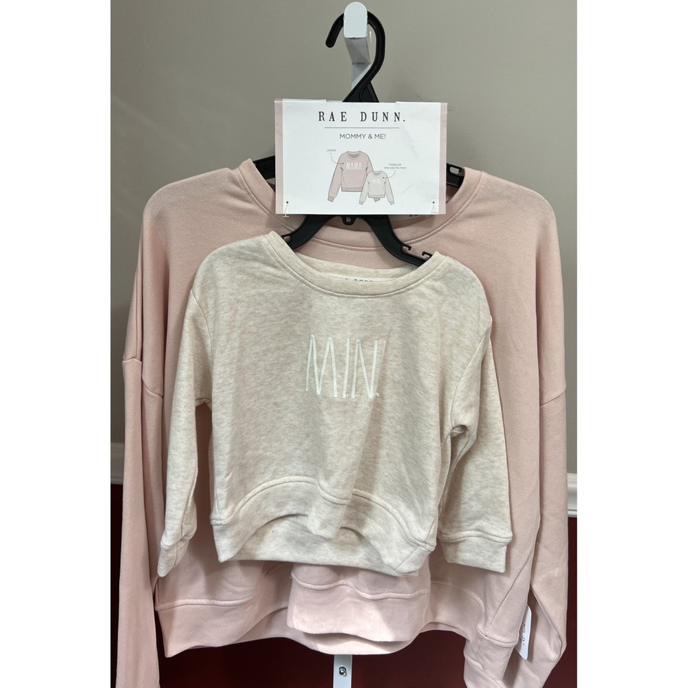 New $96 Rae Dunn Pink Mama (L) Oatmeal Mini (3T) Crewneck Sweatshirt 2 Pc. Set